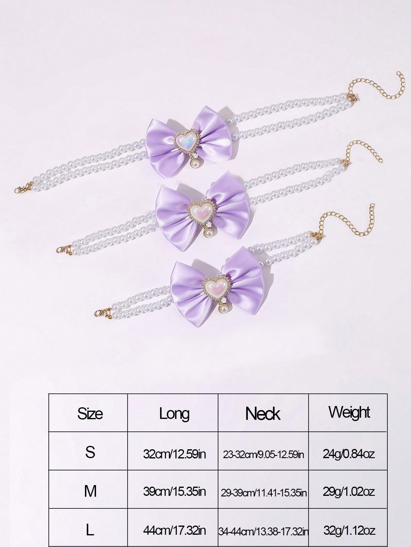 2 - PCS Cute Pet Pearl Necklace Collar with Purple Bow and Heart Charm - Size S