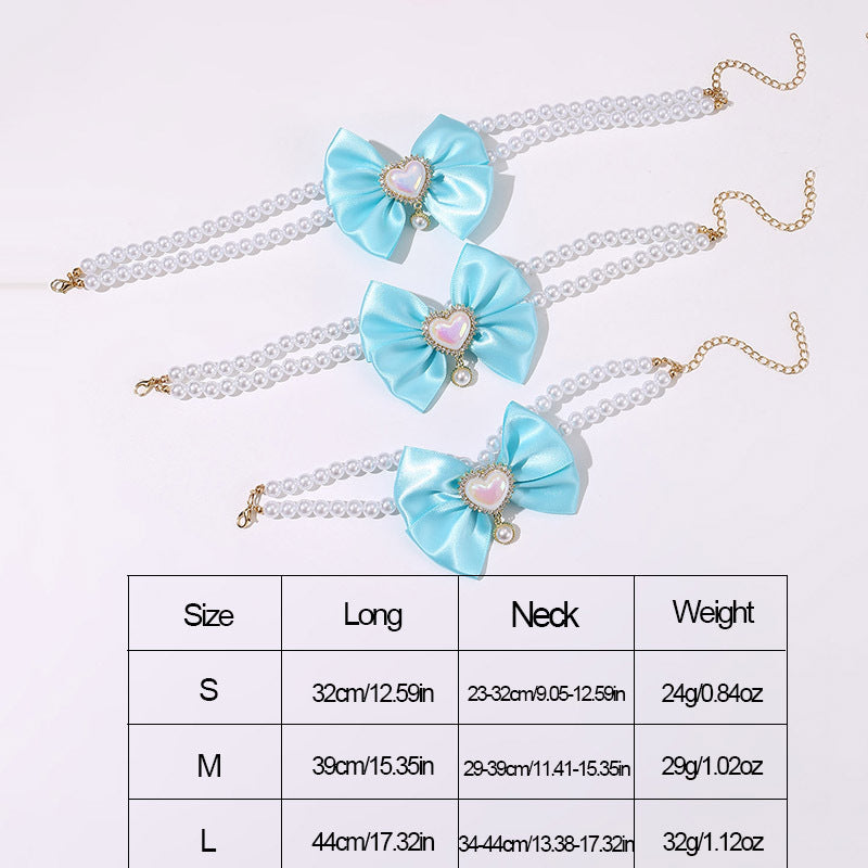 2 - PCS Cute Pet Pearl Necklace Collar with Blue Bow and Heart Charm - Size M