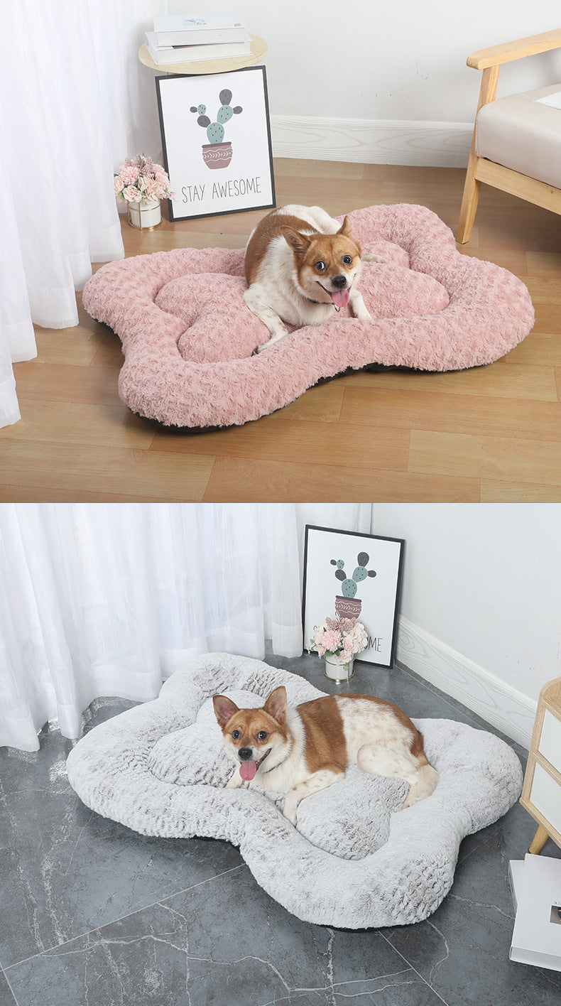 L White Rose Velvet Fish Scale Pet Bed - Creative Bone-Shaped Soft and Cozy Dog & Cat Nest