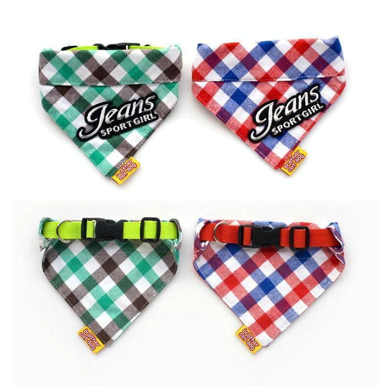 Cotton Plaid Dog Scarf Small And Medium-Sized Dog Saliva Towel - Size M 30-40Cm - Green