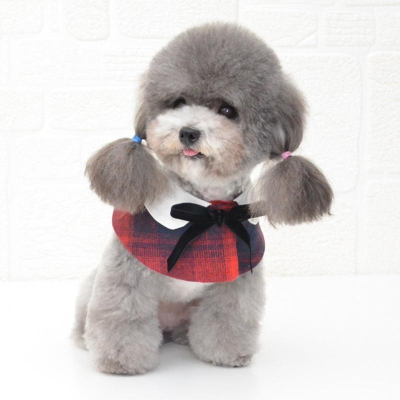 Dog Shawl Small Cloak Pet Bow Ttie Saliva Towel Pet Accessories - Size S - Gray Yellow Grid