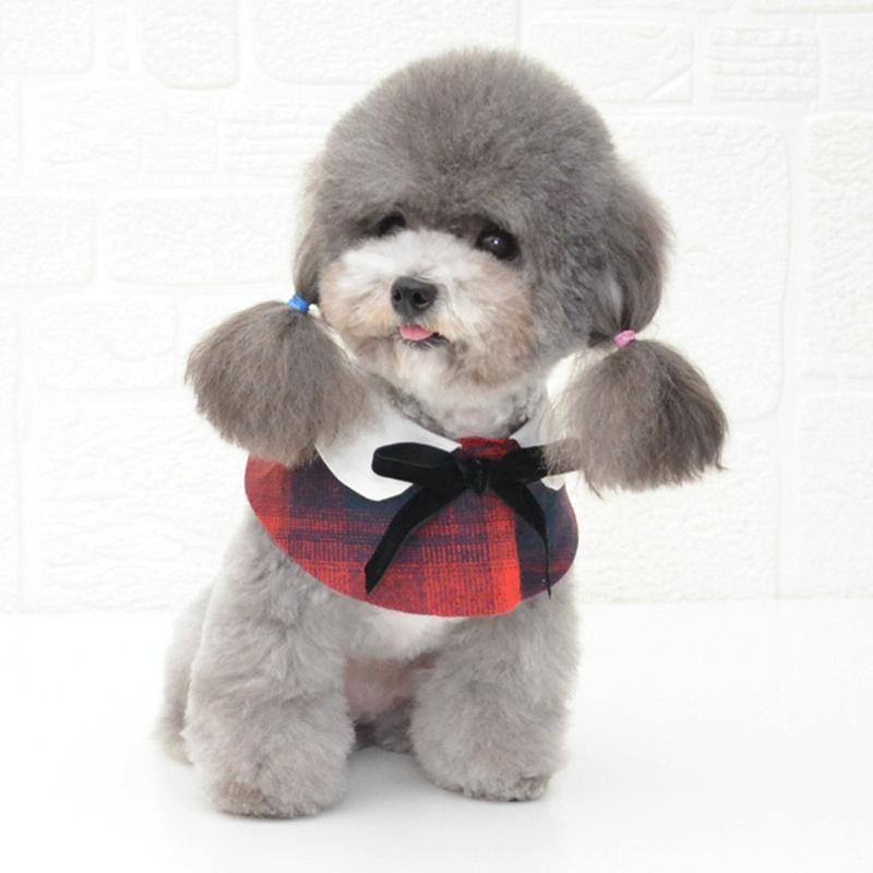 Dog Shawl Small Cloak Pet Bow Ttie Saliva Towel Pet Accessories - Size M - Gray Yellow Grid