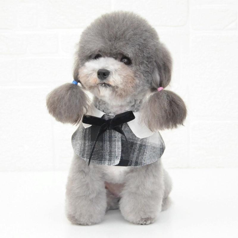Dog Shawl Small Cloak Pet Bow Ttie Saliva Towel Pet Accessories - Size L - Gray Yellow Grid