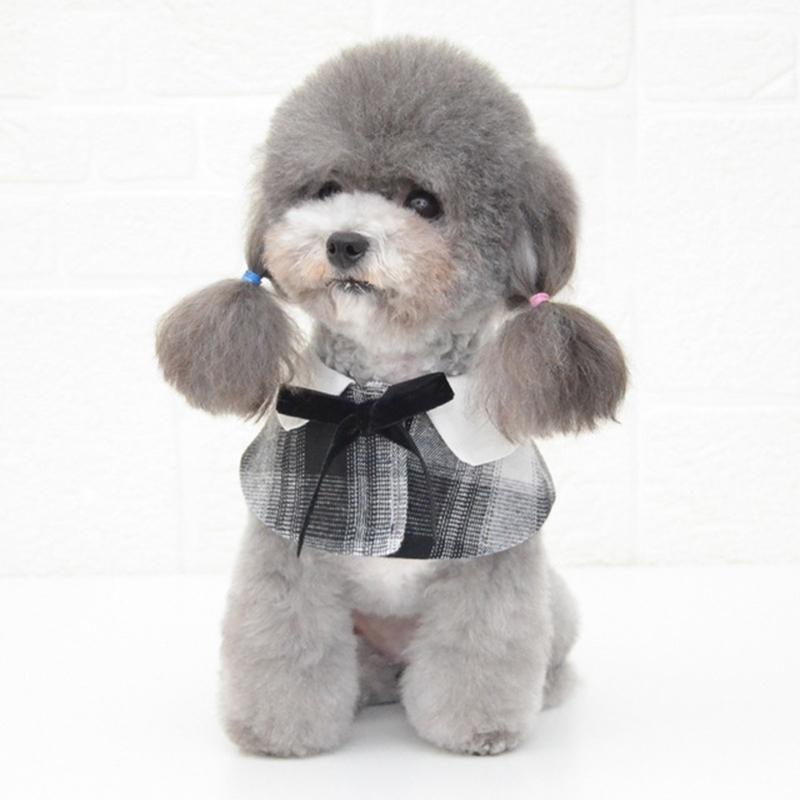 Dog Shawl Small Cloak Pet Bow Ttie Saliva Towel Pet Accessories - Size S - Navy Blue Grid