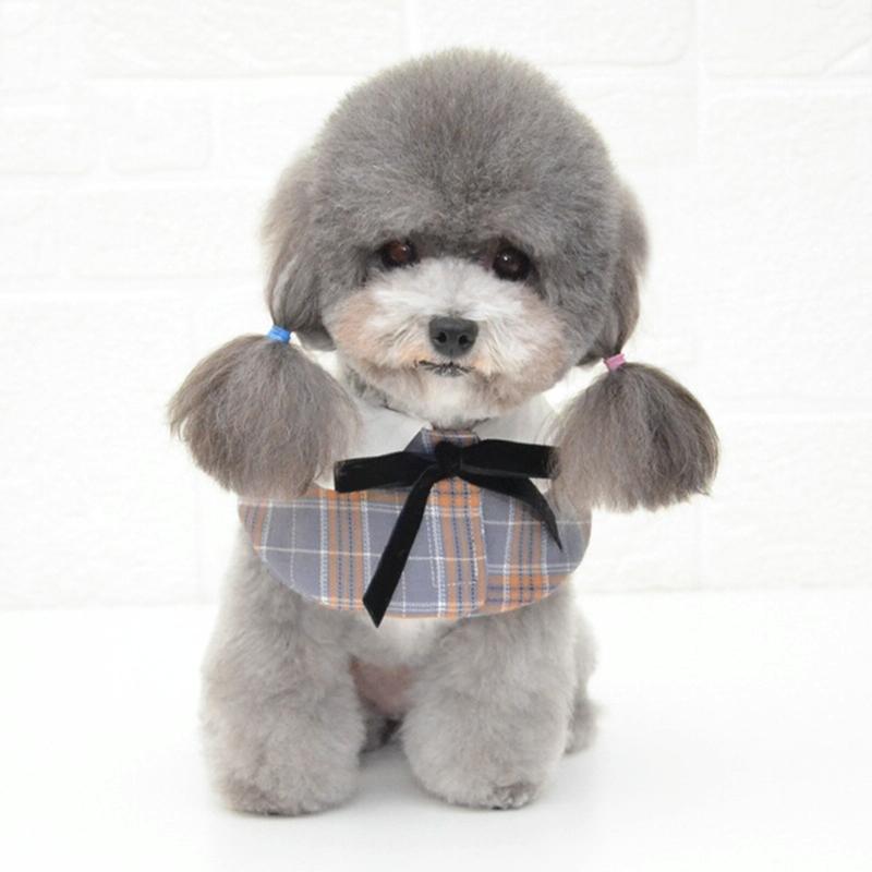 Dog Shawl Small Cloak Pet Bow Ttie Saliva Towel Pet Accessories - Size M - Navy Blue Grid
