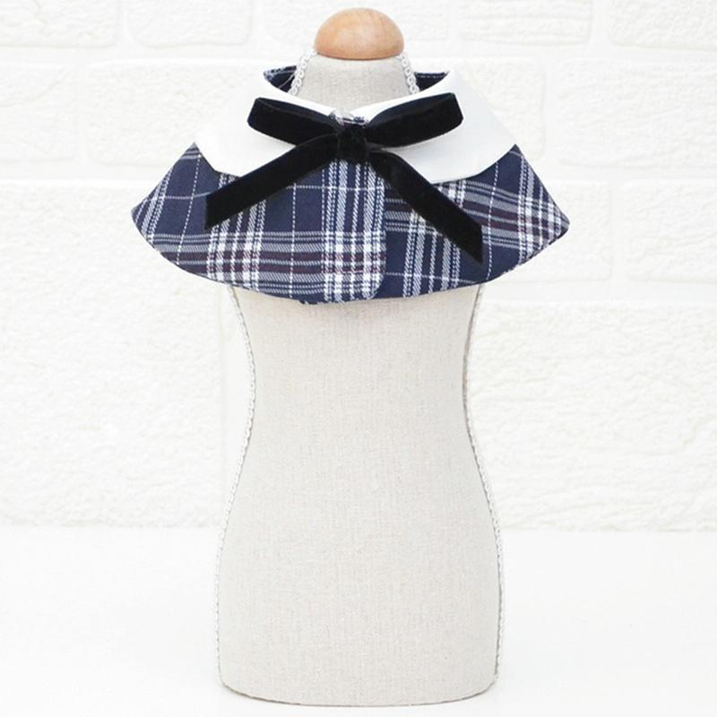 Dog Shawl Small Cloak Pet Bow Ttie Saliva Towel Pet Accessories - Size M - Navy Blue Grid