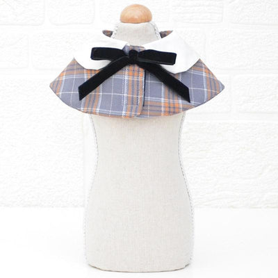 Dog Shawl Small Cloak Pet Bow Ttie Saliva Towel Pet Accessories - Size L - Navy Blue Grid