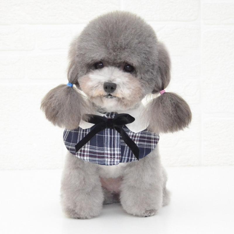 Dog Shawl Small Cloak Pet Bow Ttie Saliva Towel Pet Accessories - Size L - Navy Blue Grid