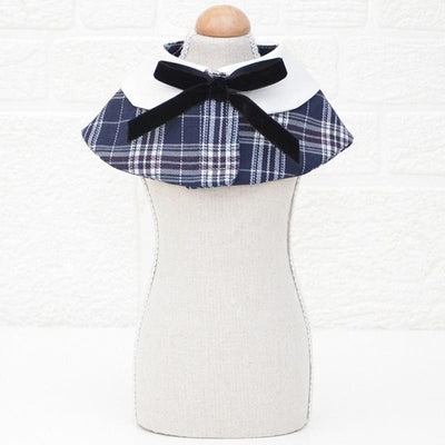 Dog Shawl Small Cloak Pet Bow Ttie Saliva Towel Pet Accessories - Size L - Navy Blue Grid