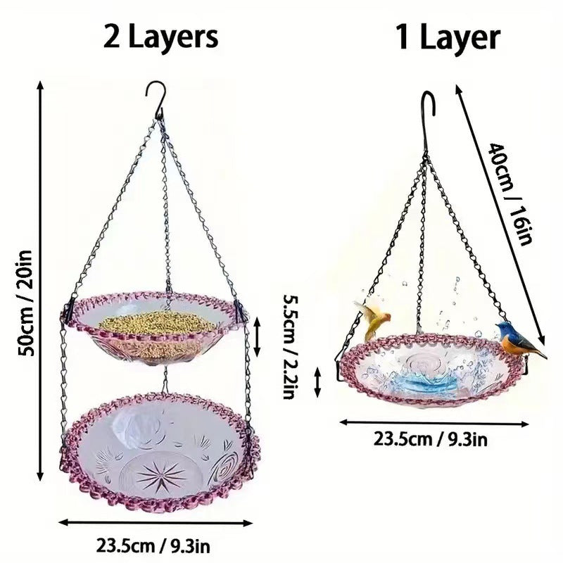 2 Set Blue Elegant Hanging Glass Bird Feeder - Double Tier for Garden Birds
