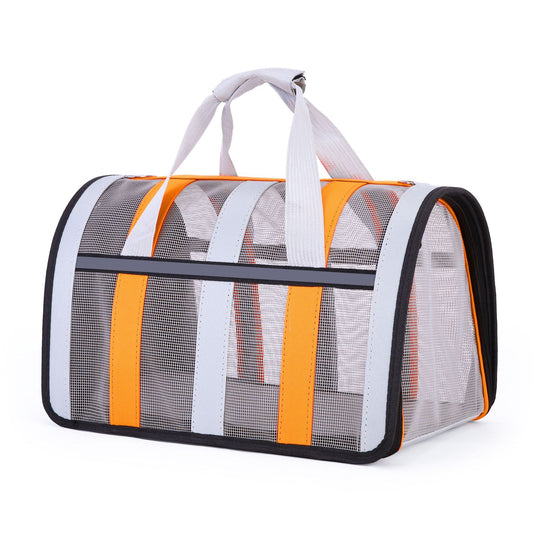 Size M Orange And Grey Foldable Pet Carrier Bag - Lightweight, Breathable, and Spacious for All Seasons