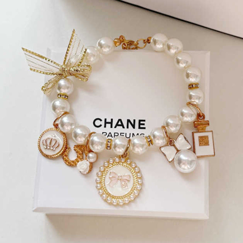 White 4-PCS Pearl Charm Pet Necklace - Adjustable Bowknot Collar for Small Dogs & Cats (S: 20+5CM)