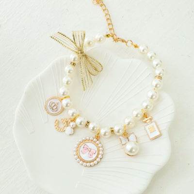 White 4-PCS Pearl Charm Pet Necklace - Adjustable Bowknot Collar for Small Dogs & Cats (M: 25+5CM)