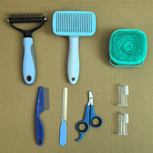 Blue 8-Piece Pet Grooming Tool Set - Brushes, Nail Clippers & More