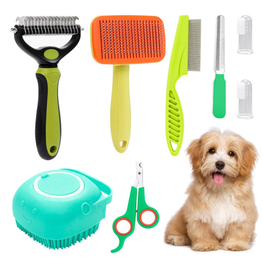 Green 8-Piece Pet Grooming Tool Set - Brushes, Nail Clippers & More