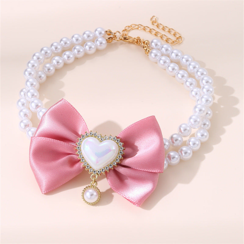 2 - PCS Cute Pet Pearl Necklace Collar with Pink Bow and Heart Charm - Size S