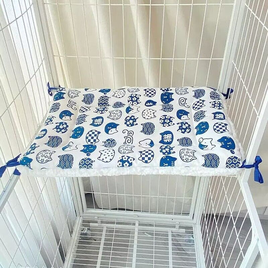 Cat Cage Platform Mat - Blue cat pattern on white background (40x60cm)