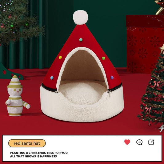Festive Detachable Pet House - Cozy Red Santa Hat Design (S - 37x46cm)