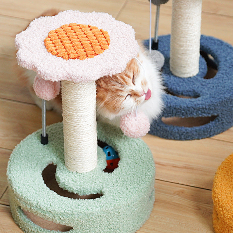 Blue And Pink Sunflower Cat Scratching Post - 35cm Sisal Cat Tree with Plush Toys for Small Cats