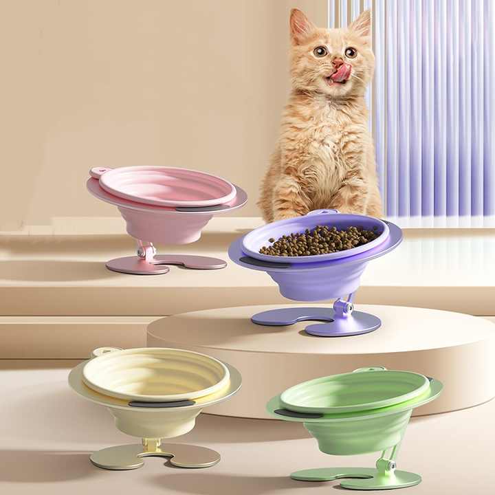Green Foldable Elevated Pet Bowl Set - Tilted Ergonomic Cat Feeder with Aluminum Stand & Silicone Bowl