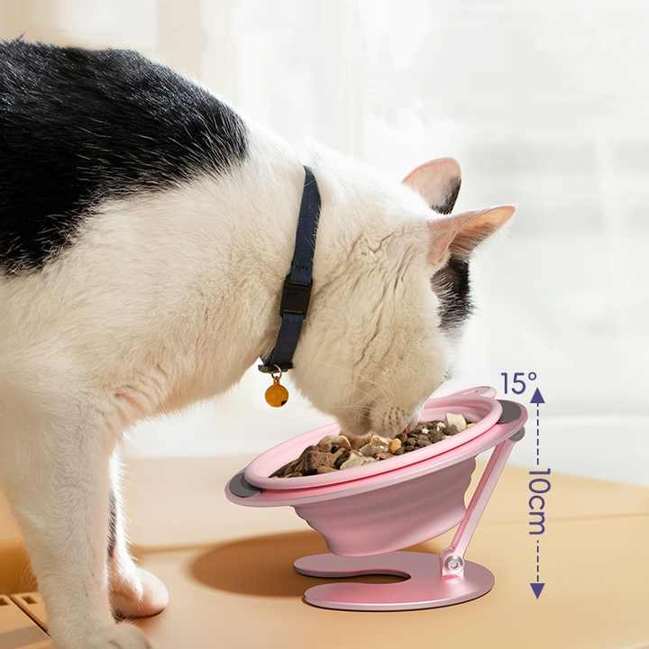 Yellow Foldable Elevated Pet Bowl Set - Tilted Ergonomic Cat Feeder with Aluminum Stand & Silicone Bowl