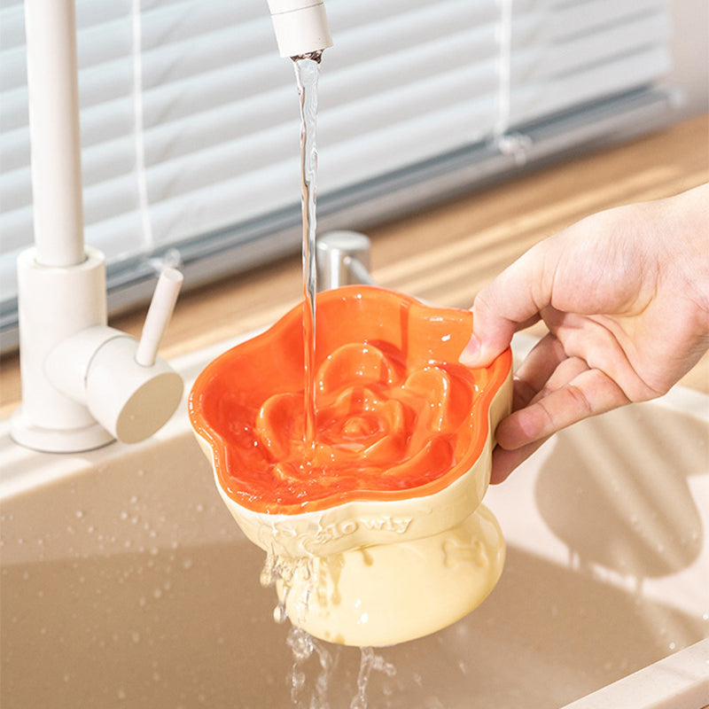 Yellow and Blue Ceramic Slow Feeder Pet Bowl for Cats and Small Dogs - Anti-Choke Elevated Design with 15-Degree Tilted Rim