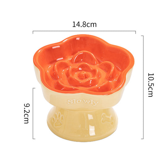 Khaki and Orange Ceramic Slow Feeder Pet Bowl for Cats and Small Dogs - Anti-Choke Elevated Design with 15-Degree Tilted Rim