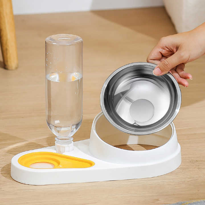 Green And Yellow Pet Bowl Set with Automatic Gravity Water Dispenser - Stainless Steel & PP Feeder Station