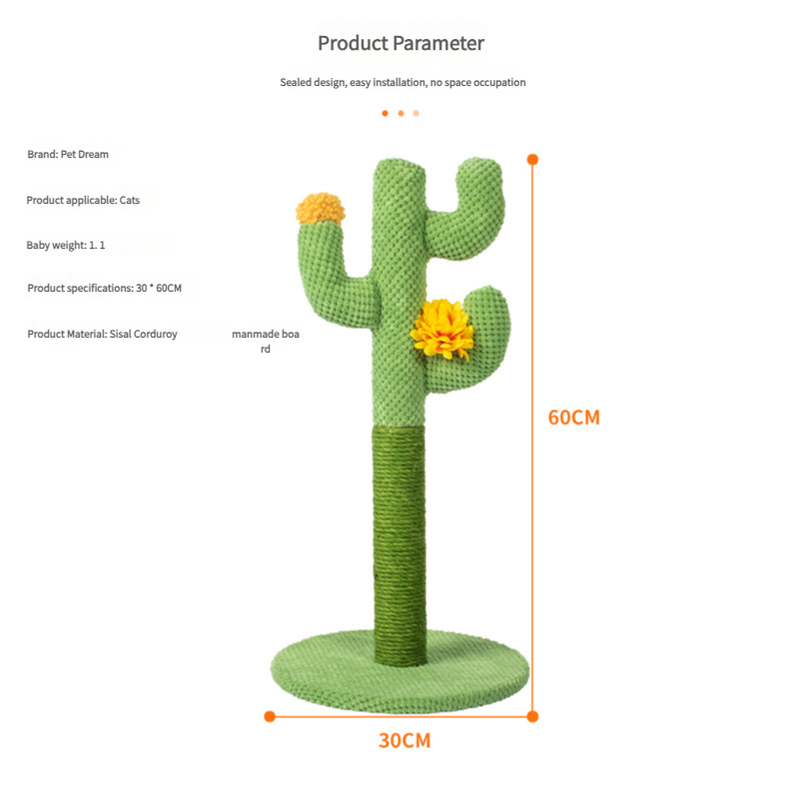 Cactus-Shaped Cat Scratching Post with Sisal Rope and Plush Chenille - Green