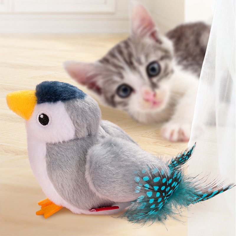 Interactive Plush Cat Toy - Lifelike Bird with Chirping Sounds and Feathers,Off-white