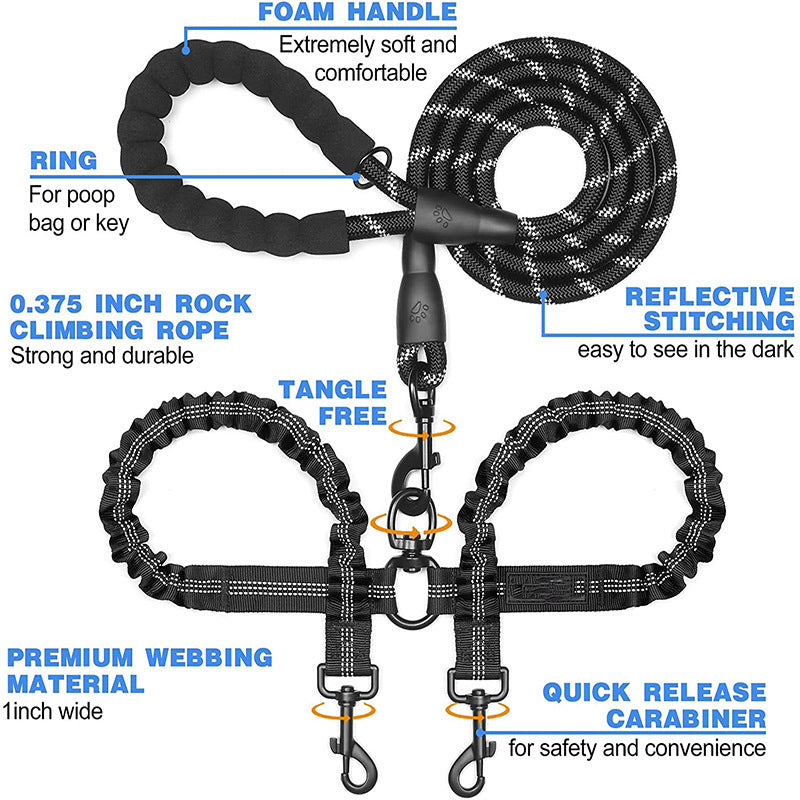 Purple Pet Double-Ended Rope + 1.5M Leash - Easy to walk two dogs, tangle-free design