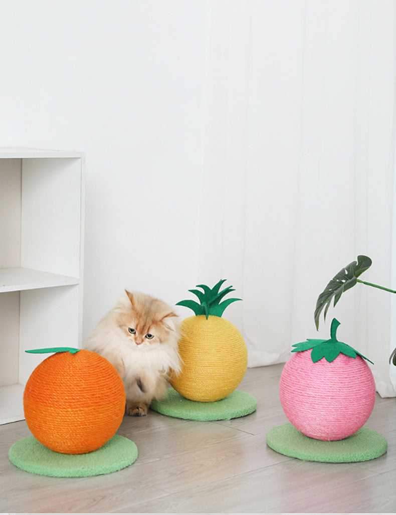 Pink Strawberry And Green Base Fun Fruit Shaped Sisal Cat Scratcher Ball - Durable Scratching Toy with Stable Base